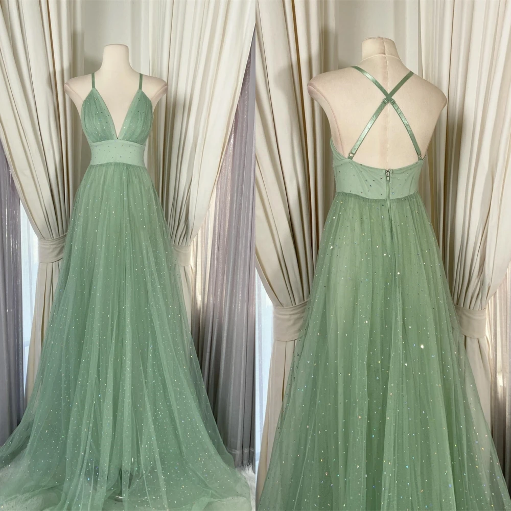 

Customized Temperament Green Tulle Evening Dress Elegant Graceful V-Neck Spaghetti Straps Lace Up Back Special Occasion Gowns