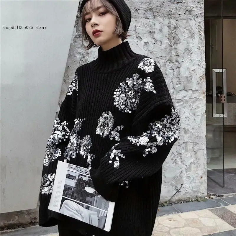 Flower Pattern Thick Warm Sweater Knitted Tops Women Autumn Spring Loose Pullover Knitting Heavy Work Beads