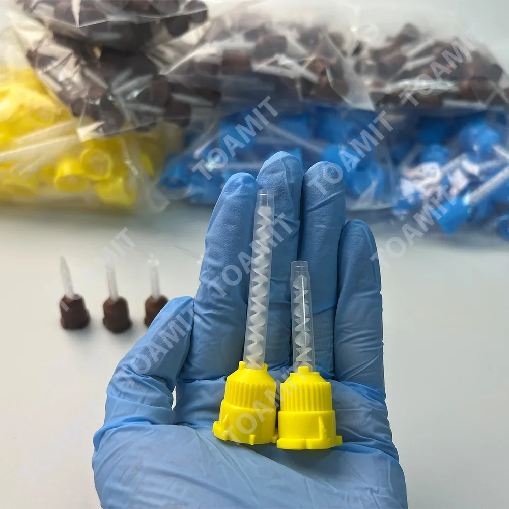 Dental Cement Mixing and Conveying Tips Disposable Blue Brown Dual-Cartridge Mixing Head for Impression Materials and Adhesive