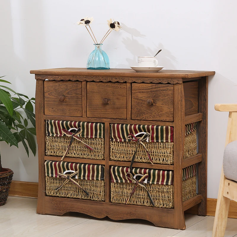 American country rustic retro solid wood color bedside table rattan storage small cabinet simple drawer storage cabinet