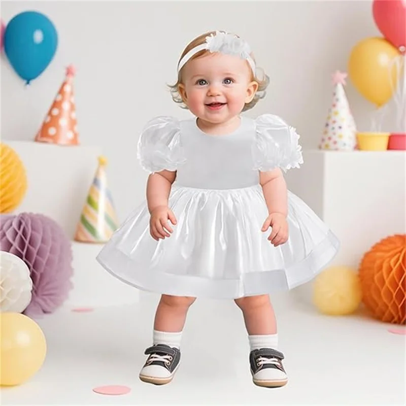 فستان الأميرة لعيد الميلاد الأول للفتيات الصغيرات، فستان أبيض كبير بفيونكة مع عصابة رأس على شكل زهرة للأطفال لحفلات الزفاف وحفلات المعمودية