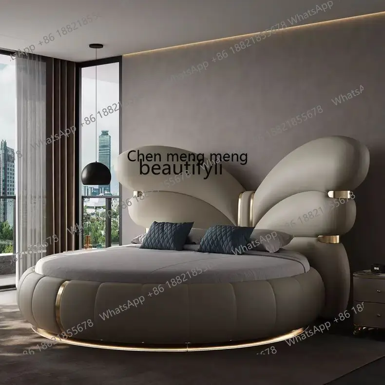 

X Modern light luxury leather bed, luxury master bedroom big bed, new, big round, double bed