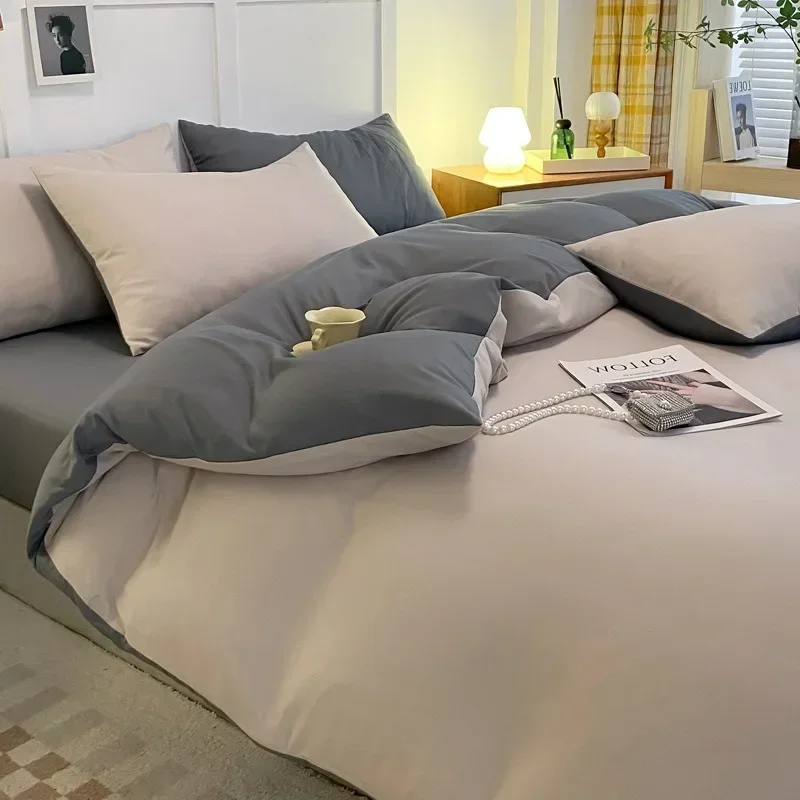 Solid Color Double Couple Duvet Cover Double-sided Nordic Simplicity Queen Size Quilt Cover Comfort 200x230（With Pillowcase）