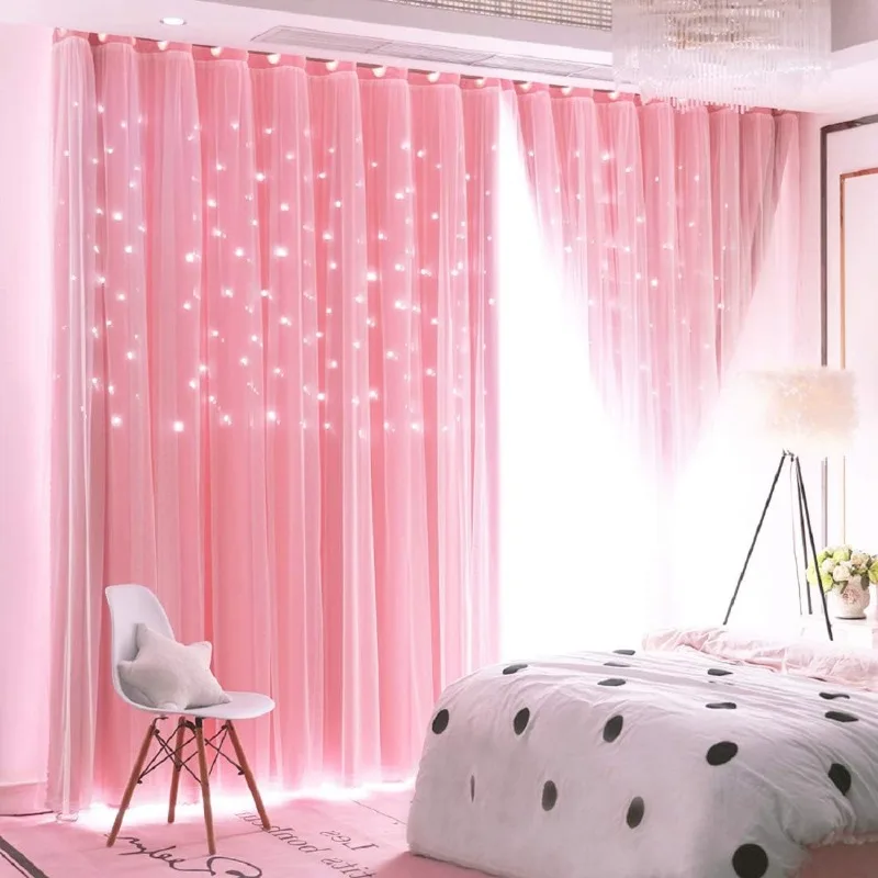 

2 Panels Stars Blackout Curtains for Bedroom Girls Kids Baby Window Decoration Double Layer Star Cut Out Aesthetic Livin