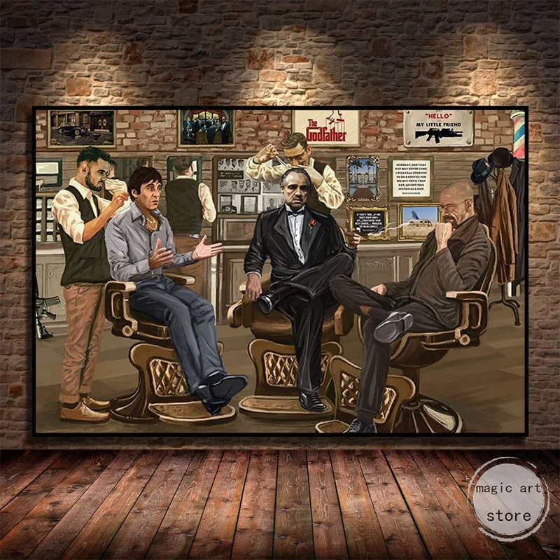 Vintage Movie Gangsters Godfather At The Barbershop Talking Art Poster Canvas Painting Wall Prints Picture for Room  Home Decor