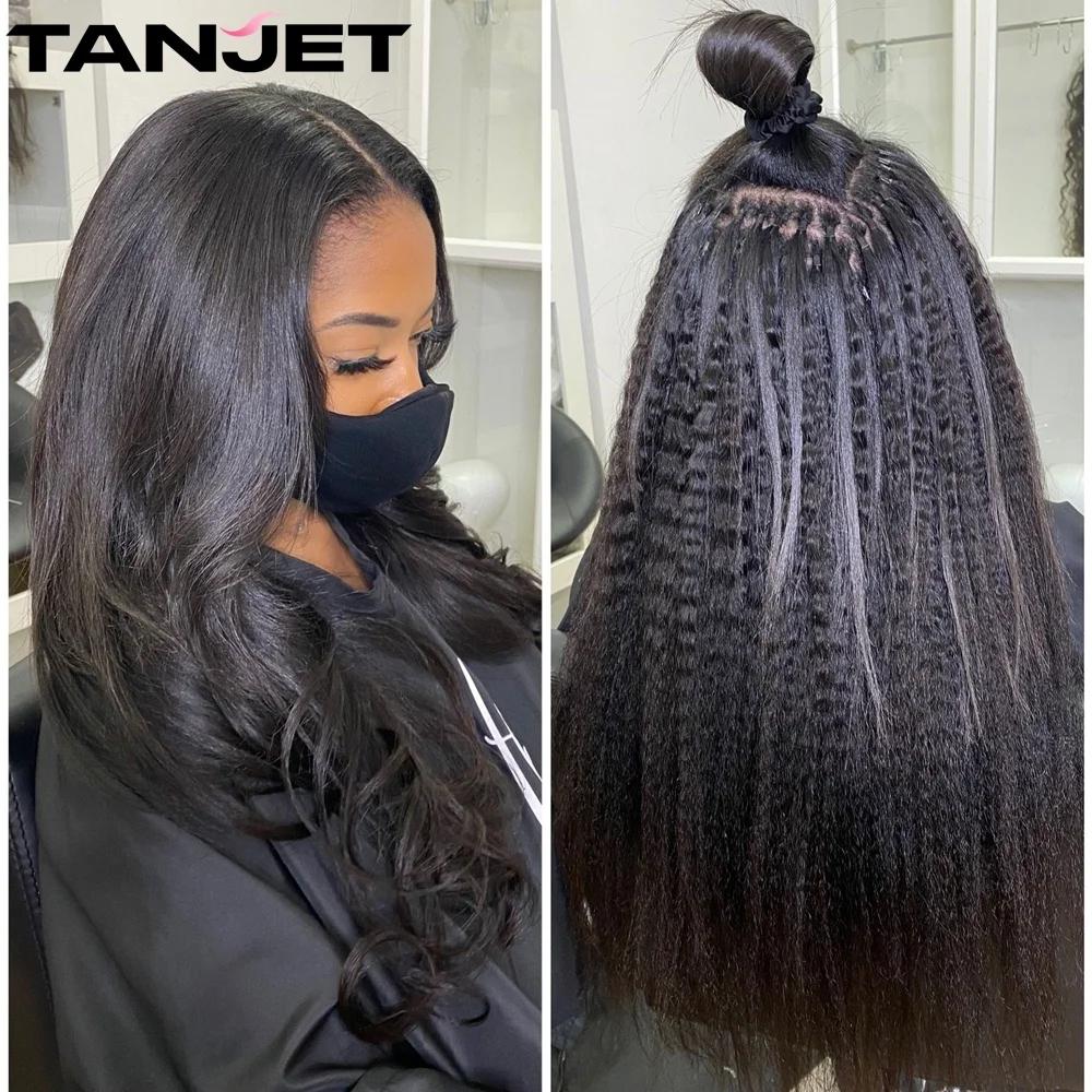 Extensiones de cabello humano Afro Kinky Straight I Tip Microlinks para mujeres negras, microcuentas rizadas naturales, extensiones de cabello Remy