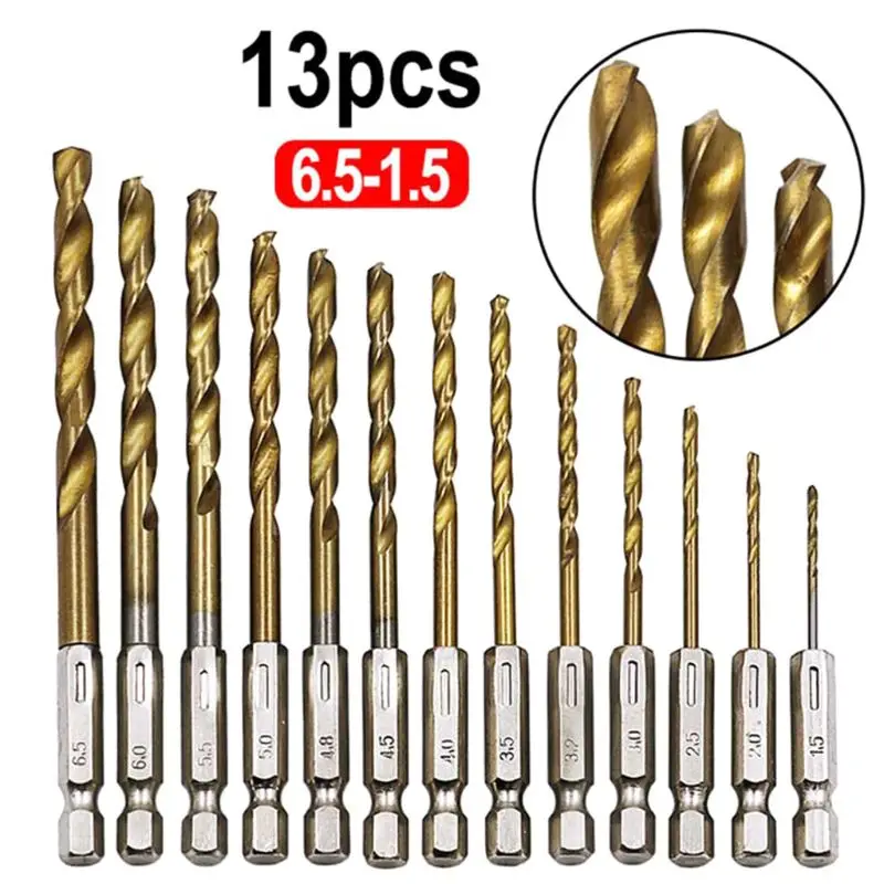 New 13PCS/SET 1.5-6.5MM HSS High Speed Steel for Titanium Coated 1/4 Shank Drill