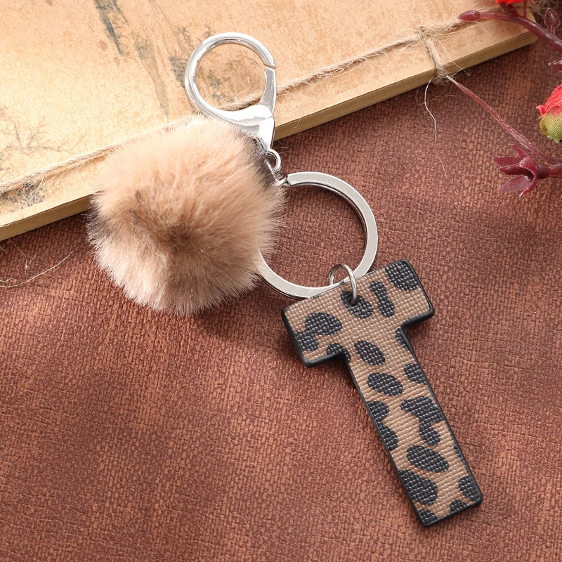 Western Cowboy Style Leopard Print Oil-edged Lettered Leather Key Chain Car Pendant Plush ball Accessories