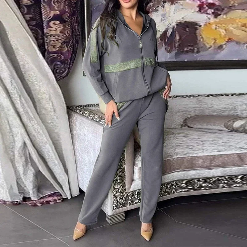 光沢のあるジッパー付きの女性用スパンコールスウェットシャツとストレートレッグパンツのセット,魅力的なスポーツウェア,カジュアル,新しい,秋,冬,2022