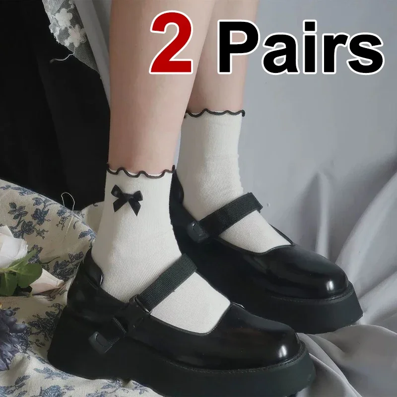 

2 Pairs Women Wave Edge Bow Mid Tube Socks Spring Summer Sweat Absorbing Breathable Fashionable JK Lolita Style Casual Socks