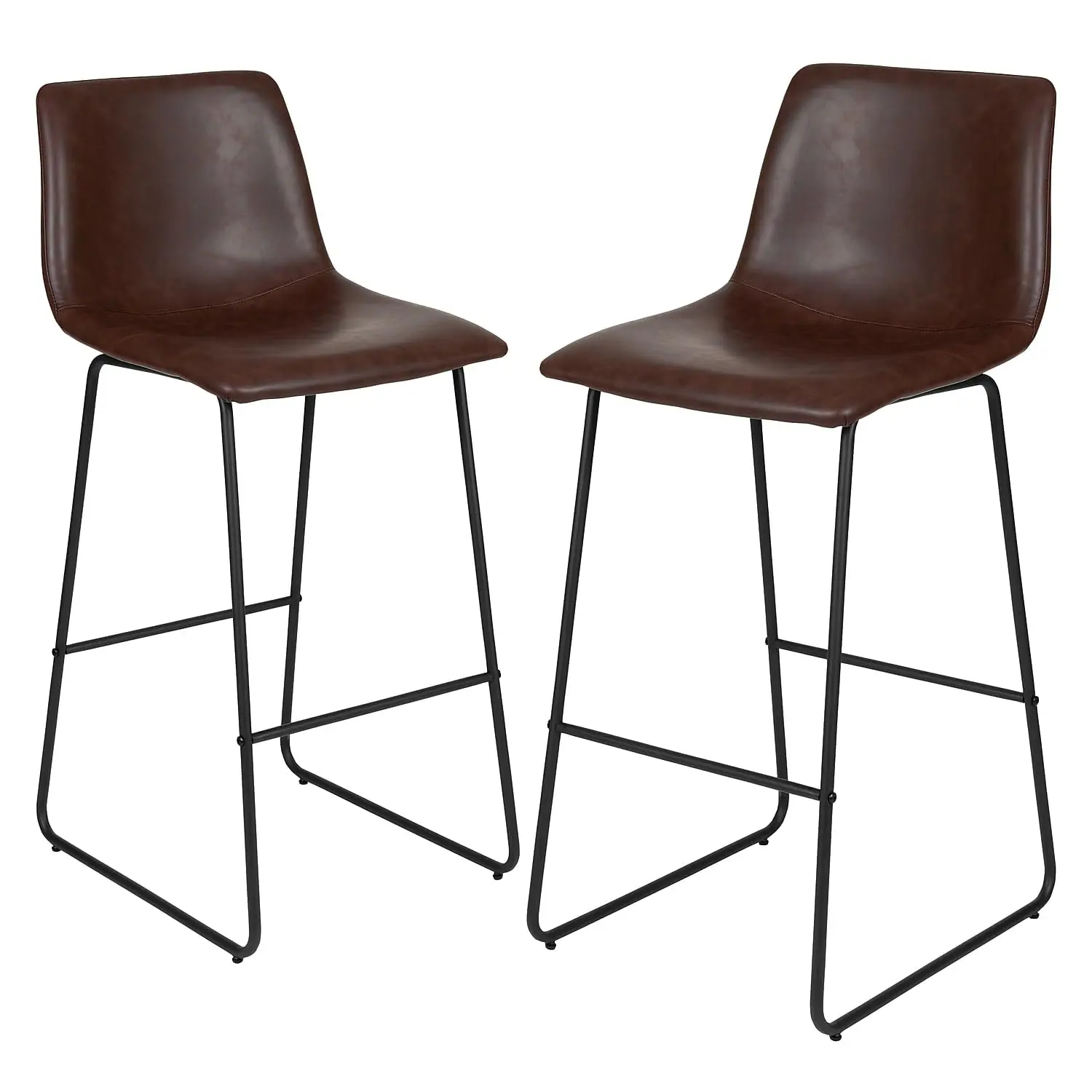 

Brown LeatherSoft Bar Stools Set Of 2, 30 Inch Height, Mid-Century Bucket Design With Footrest