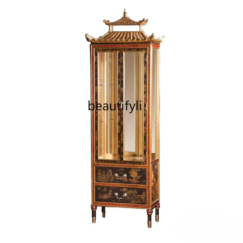 Q181 French Chinese Style Roof Shape Full Hand Painted Character Landscape Double Door Decorative Wine Cabinet
