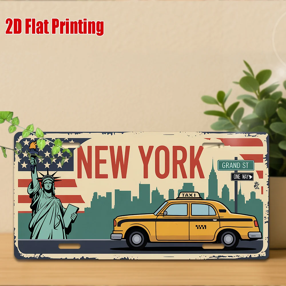 2D Flat, 1pc Large Vintage New York Taxi & Statue of Liberty License Plate Sign - Retro NY Car Dashboard Decor