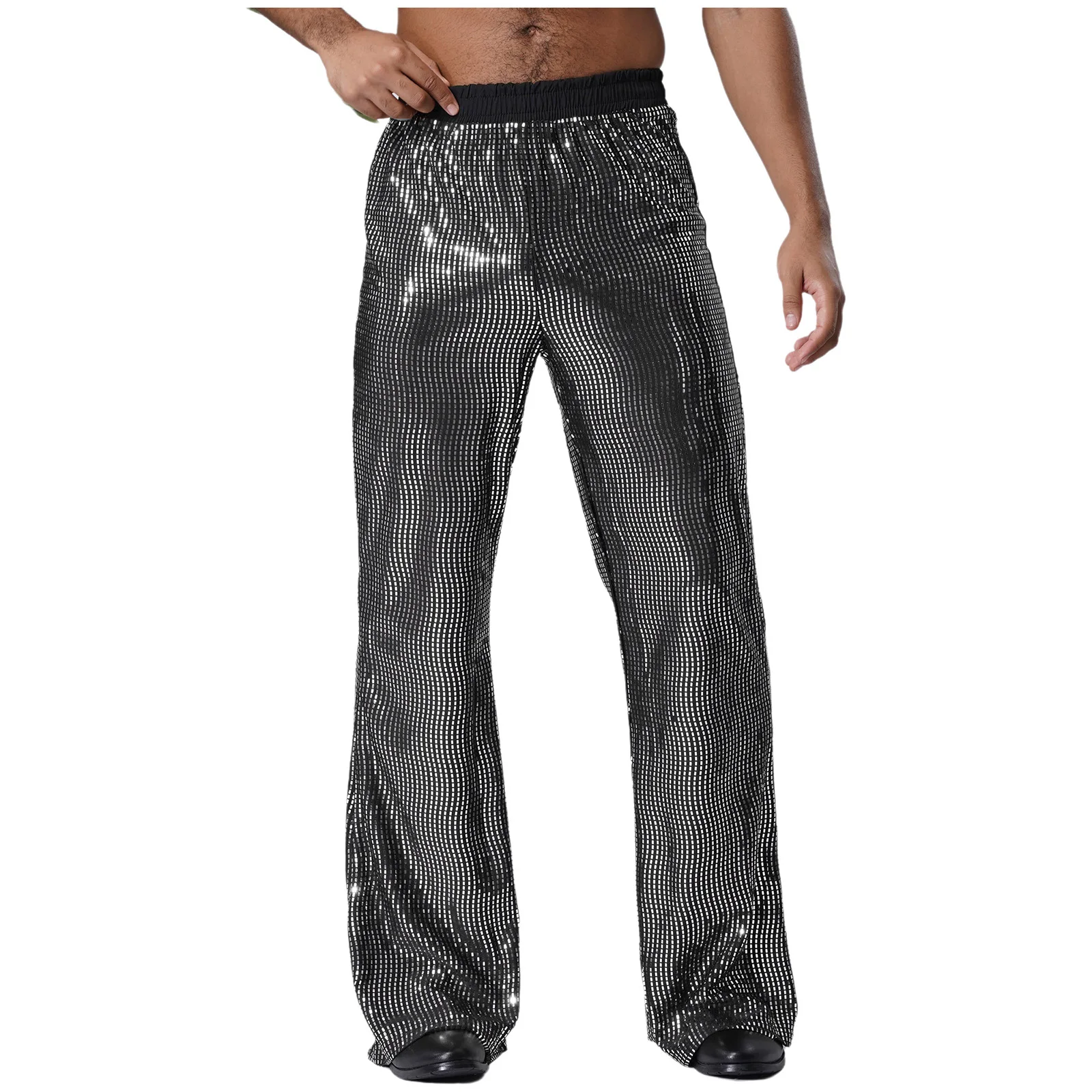Mens Glittery Sequin Flared Pants Jazz Dance Costume Elastic Waist Bell Bottom Long Pants Trousers Clubwear For Music Festival
