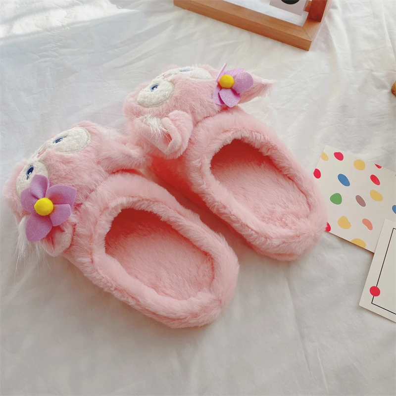 Cute Girly Slippers Pink Foxes Home Indoor Non-slip Women Girl Lovely Plush Slippers Sweat Cotton Shoes Kawaii Flat Lady Shoes