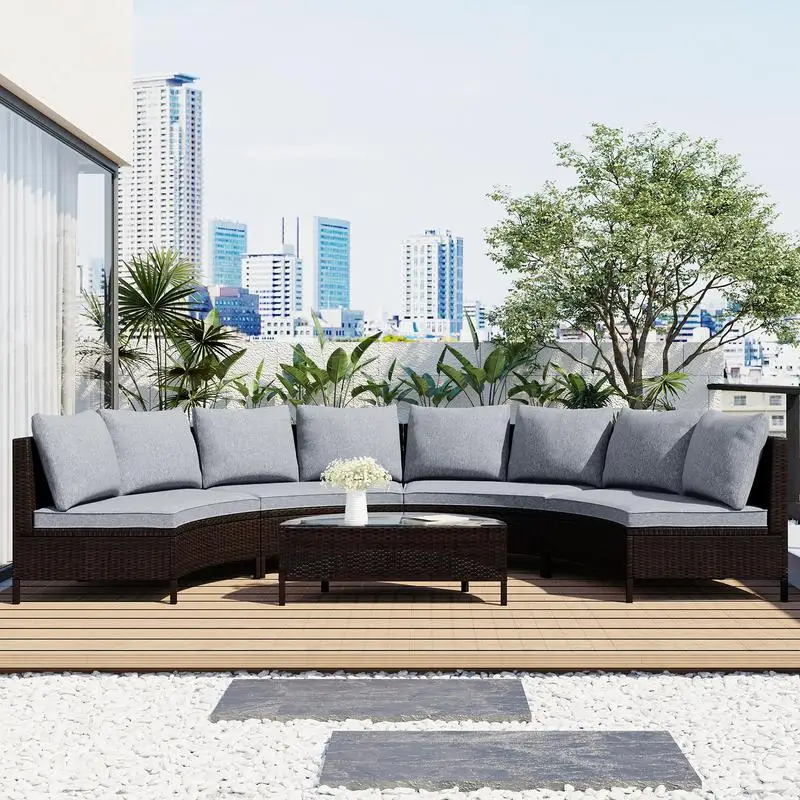 5-Piece All-Weather Brown PE Rattan Wicker Outdoor Patio Sectional Sofa Set with Half-Moon Design and Tempered Glass Table