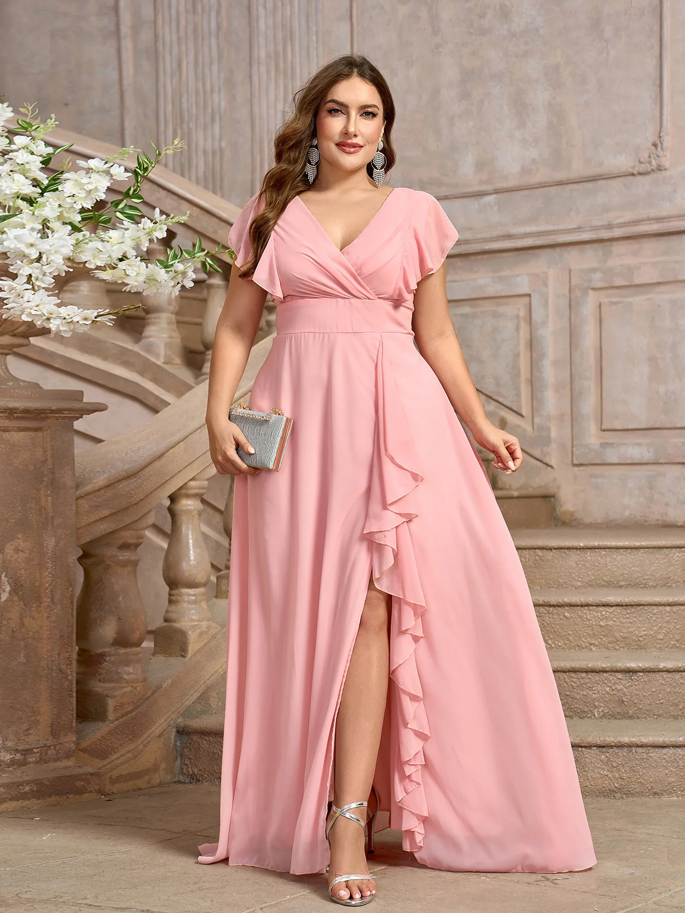 Plus Size Szyfonowa suknia ślubna Głęboki dekolt V Suknie wieczorowe Prom Party Dress Wysokie rozcięcie Syrenka Formalna kolacja Eleganckie sukienki