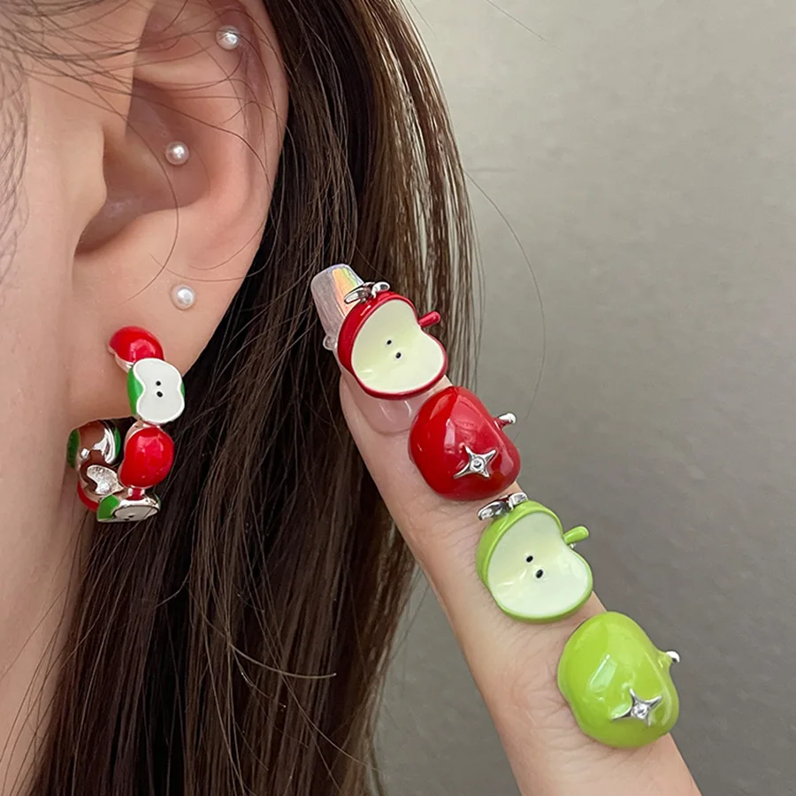 Inlaid Rhinestone Oil-drop Asymmetrical Apple Earring for Women 2025 Sweet Fashion Design Stud Earrings Girl Cute Accessories