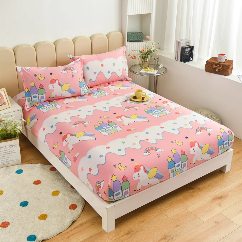 Cartoon Unicorn Printed Cotton Fitted Sheet 3 Pieces Bedding Set for Children's Girls Bed Cover Pink Non-slip Mattress Protector