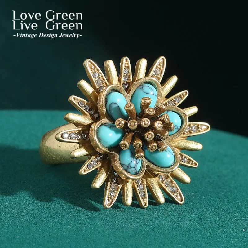 

Vintage Gold Color Flower Turquoise Ring Woman Natural Stone Arrow Party Gift Antique Luxury Turquoise Jewelry Korean Designer