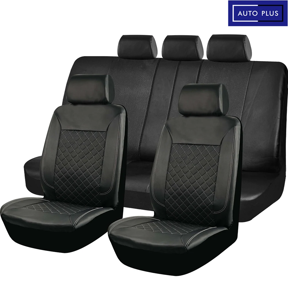 AUTO PLUS Universal Quilted Stitching Design PU Leather Car Seat Covers With Airbag Compatible Rear Seat Split Luxury Style