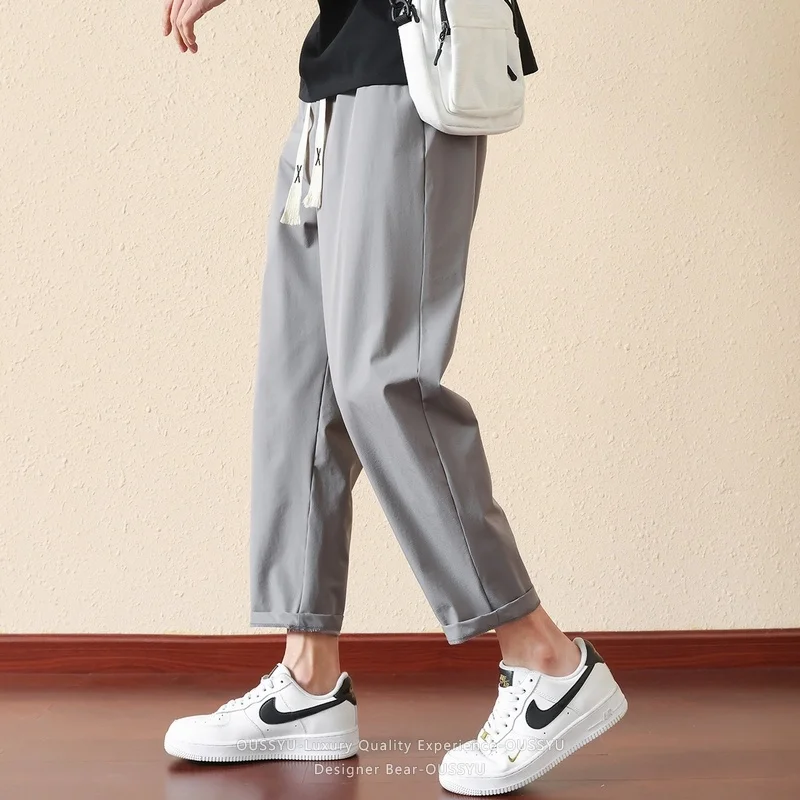 Summer Ultra-thin Ankle Length Pants Men Baggy Casual Sports Trousers Male Elastic Lightweight Joggers Grey Green Red Pant Man