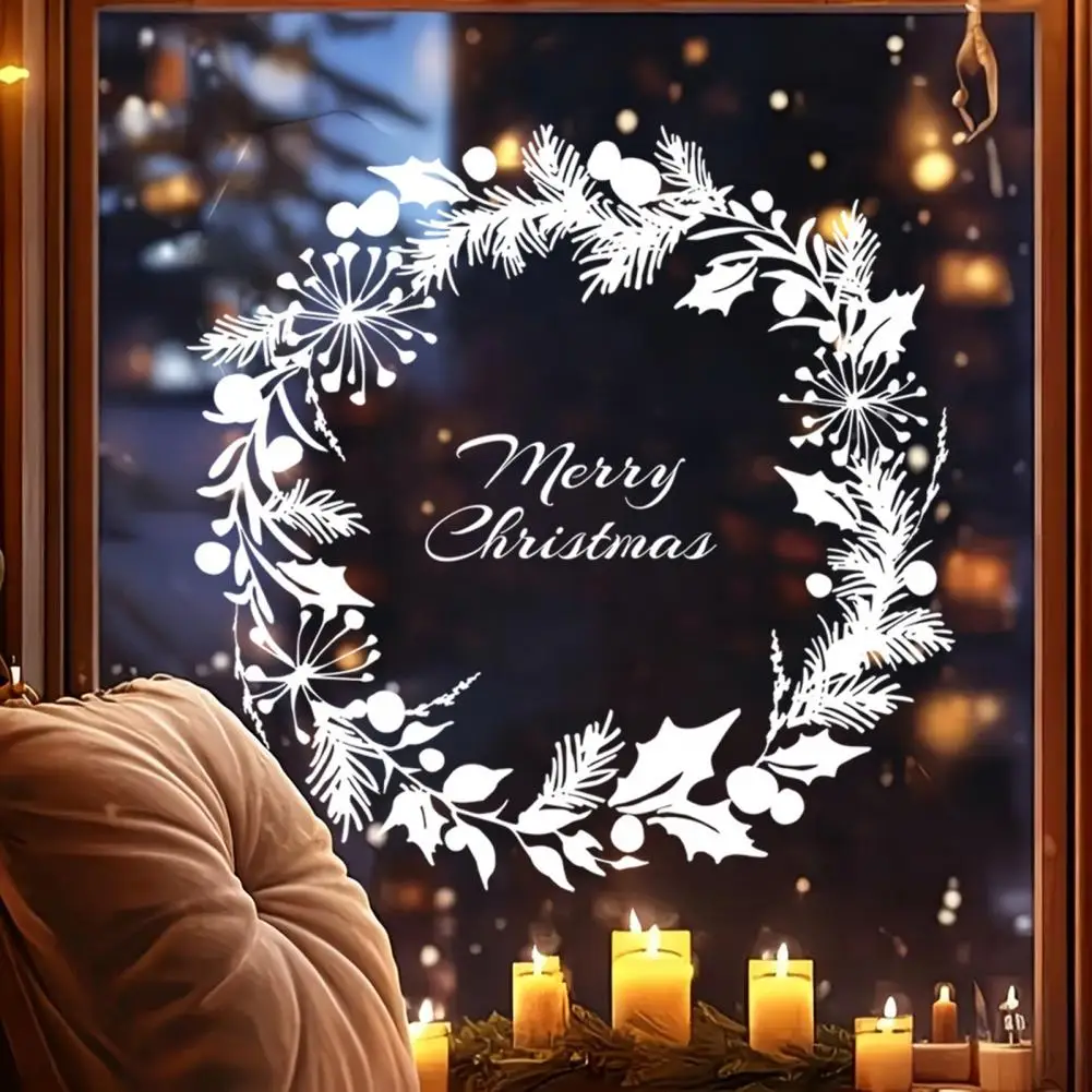 2027 Merry Christmas Window Clings White Wreath Reusable Static PVC Sticker for Home, School, Glass Window, Door Decor