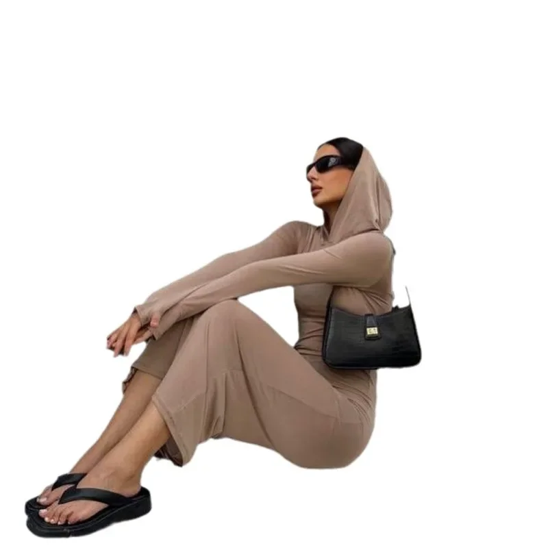 Women Spring and Summer Solid Slim-fit Base Dress Bodycon Dress Individuality Casual Hoodie Long Dress Long Sleeve Chic Clothing