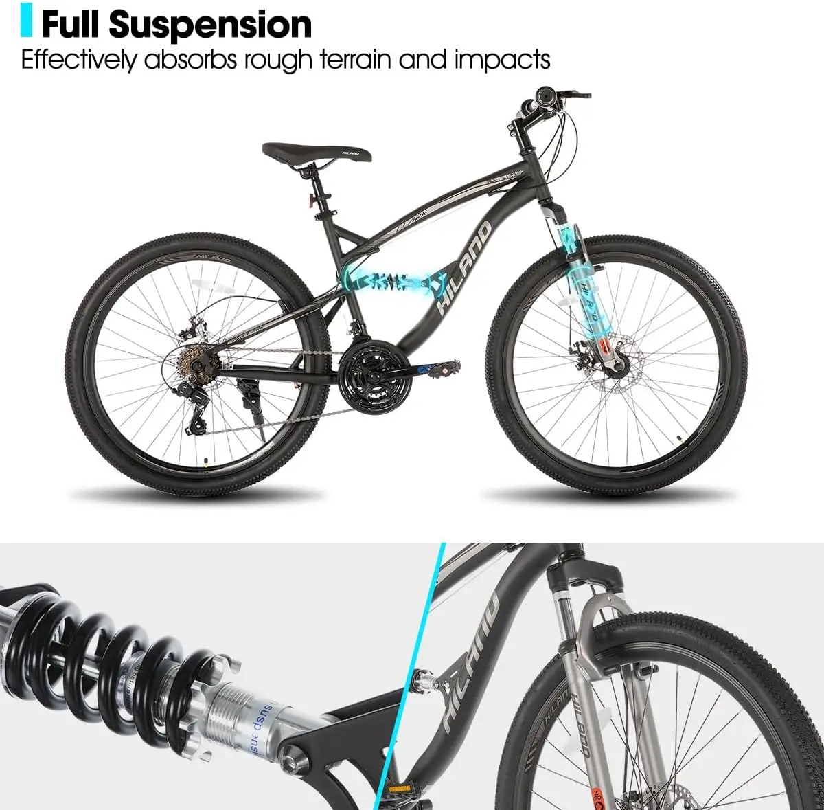 Full Suspension Mens Mountain Bike, 21 Speed, 26 Inch Wheel, Dual Disc Brake Bike for Men Womens Adult Bicycle