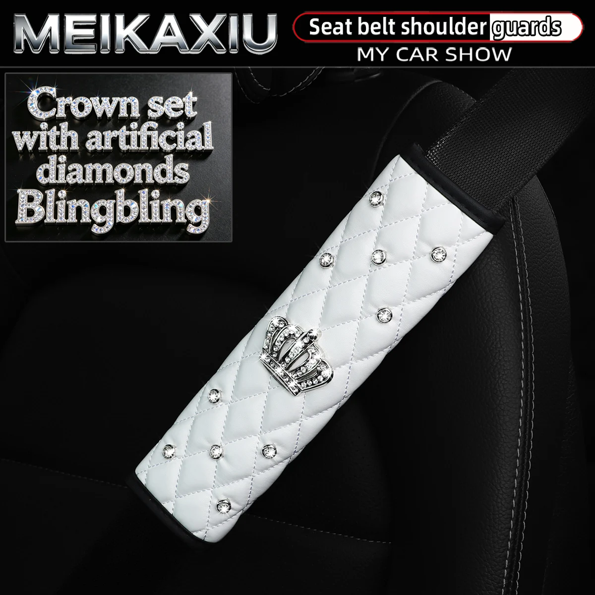Soft Leather Diamond-Encrusted Crown Car Shoulder Guard 1PC/2PCS Safety Belt Decoration Shiny Accessory for Women's Cars
