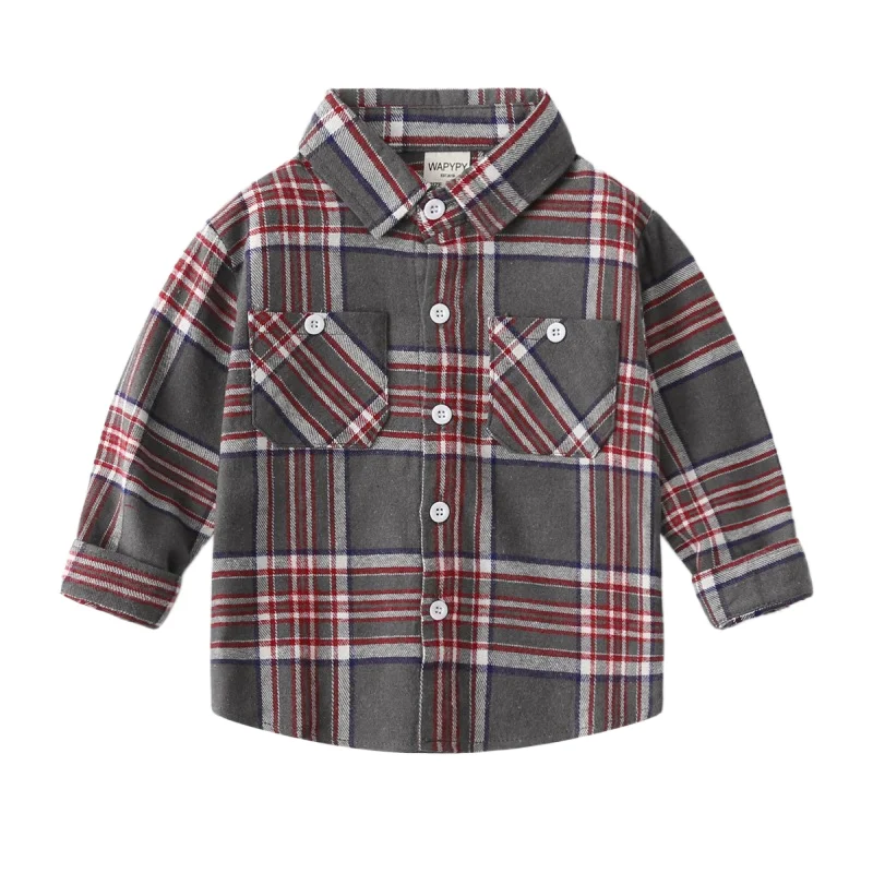 Spring Autumn Boys' Brushed Cotton Blend Checkered Shirt, Long Sleeve with Double Pockets Plaid Casual Shirts for Kids, Ages 2-7