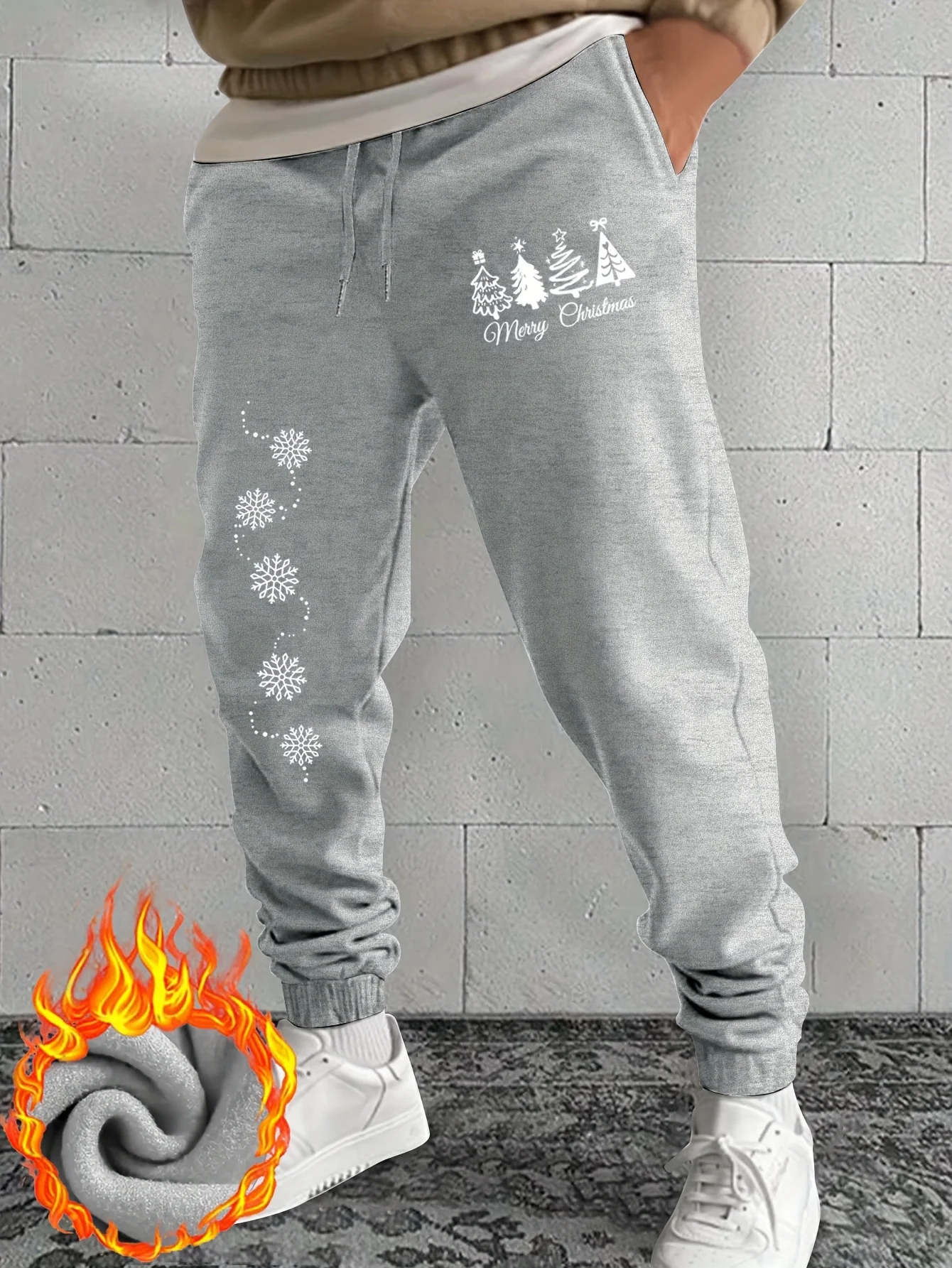 Seasonal‑focused xmas tree snow decor artwork print graphic relaxed loose sweatpants men hip hop sports casual jogger pants