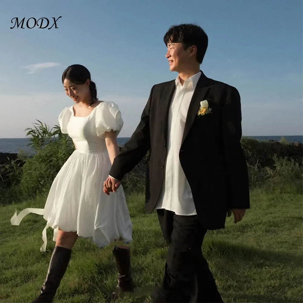 

MODX Simple A Line Short Wedding Dresses Korea Photoshoot Puff Short Sleeves Taffeta Garden Bridal Gowns Prom Gowns Corset Back