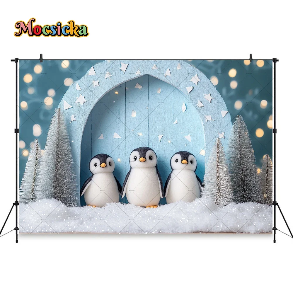 Mocsicka Xmas Baby Show Background Photography Penguin Snowflake Blue Frozen Backdrop Winter Newborn Birthday Photo Studio Prop