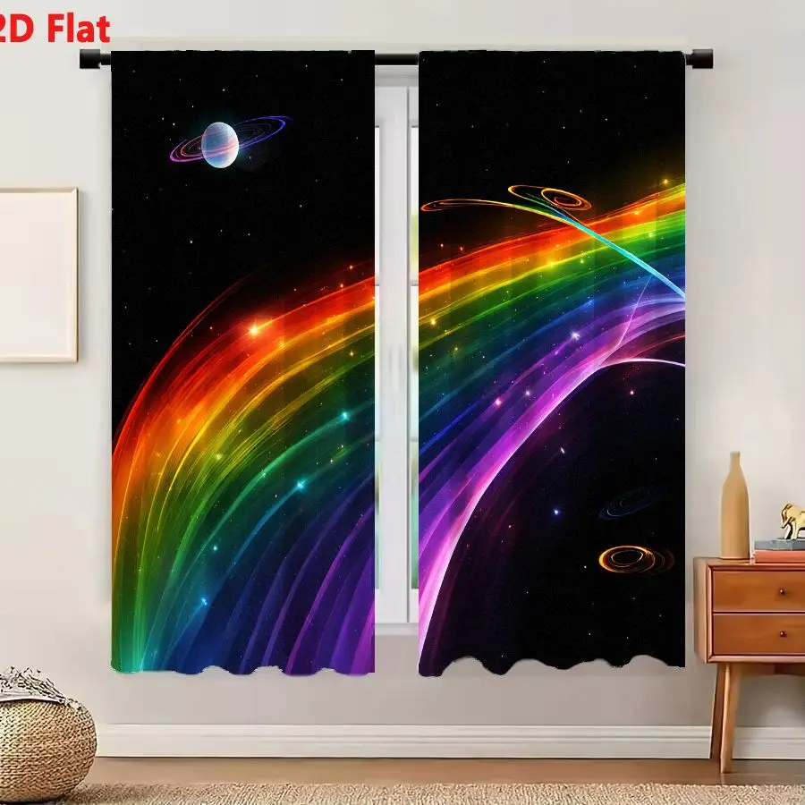 2Pcs Curtains 2D Flat Cosmic Scene With Multicolored Light Waves Planet Saturn-Like Blue Ringed Celestial Objects On Black Starr