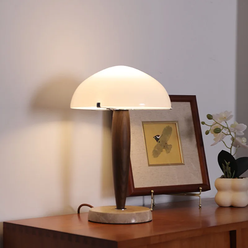 Retro Mushroom Table Lamp Solid Wood Marble Base Glass Shade LED Bedside Bedroom Living Room Study Office Decoration Night Light