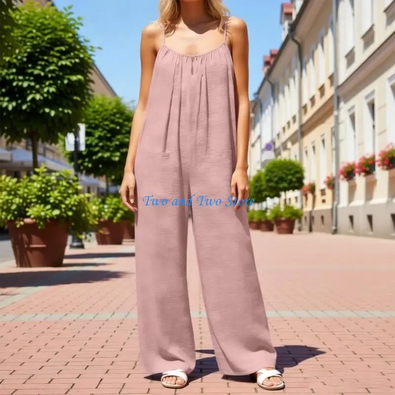 HX6F Womens Summer Beach Vacation Cami Jumpsuit Sleeveless Backless Loose Wide Leg Long Pants Romper with Pockets