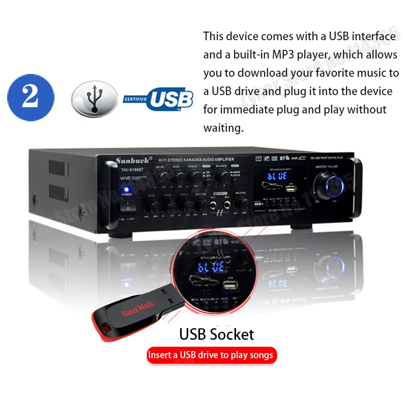 가정용 차량용 블루투스 사운드 앰프, 지지대 마이크 입력, USB SD FM AUX 디지털 오디오 스테레오 앰프 스피커, 12V, 220V