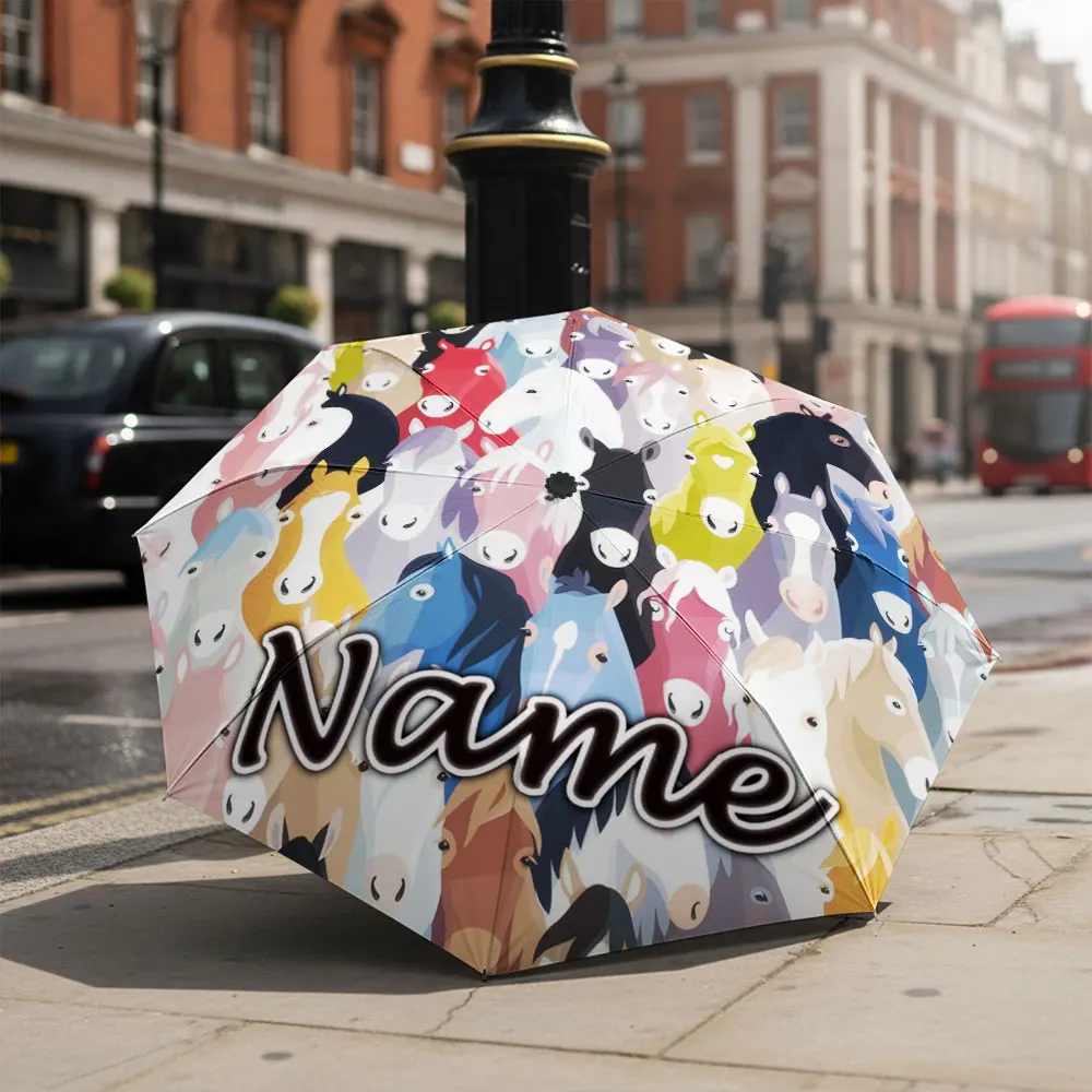 Custom Name umbrella, Colorful Horse Print Umbrella Fashion Folding Umbrella for Sunny and Rainy Days, Christmas Gift