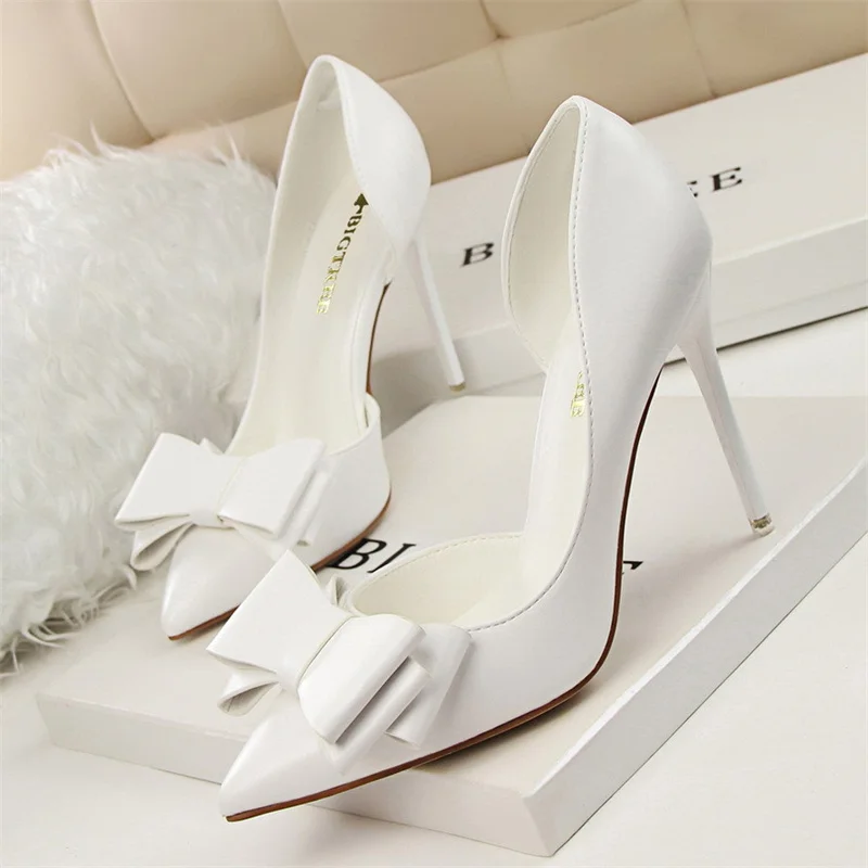 Fashion Delicate Sweet Bow knot High Heel Shoes Side Hollow  Women Pumps Pointed Toe 10.5cm Thin Dress Single Shoes