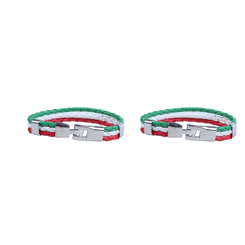 2X Jewelry Bracelet, Italian Flag Bangle, Leather Alloy, For Men's Women, Green White Red (Width 14 Mm, Length 21.5 Cm)