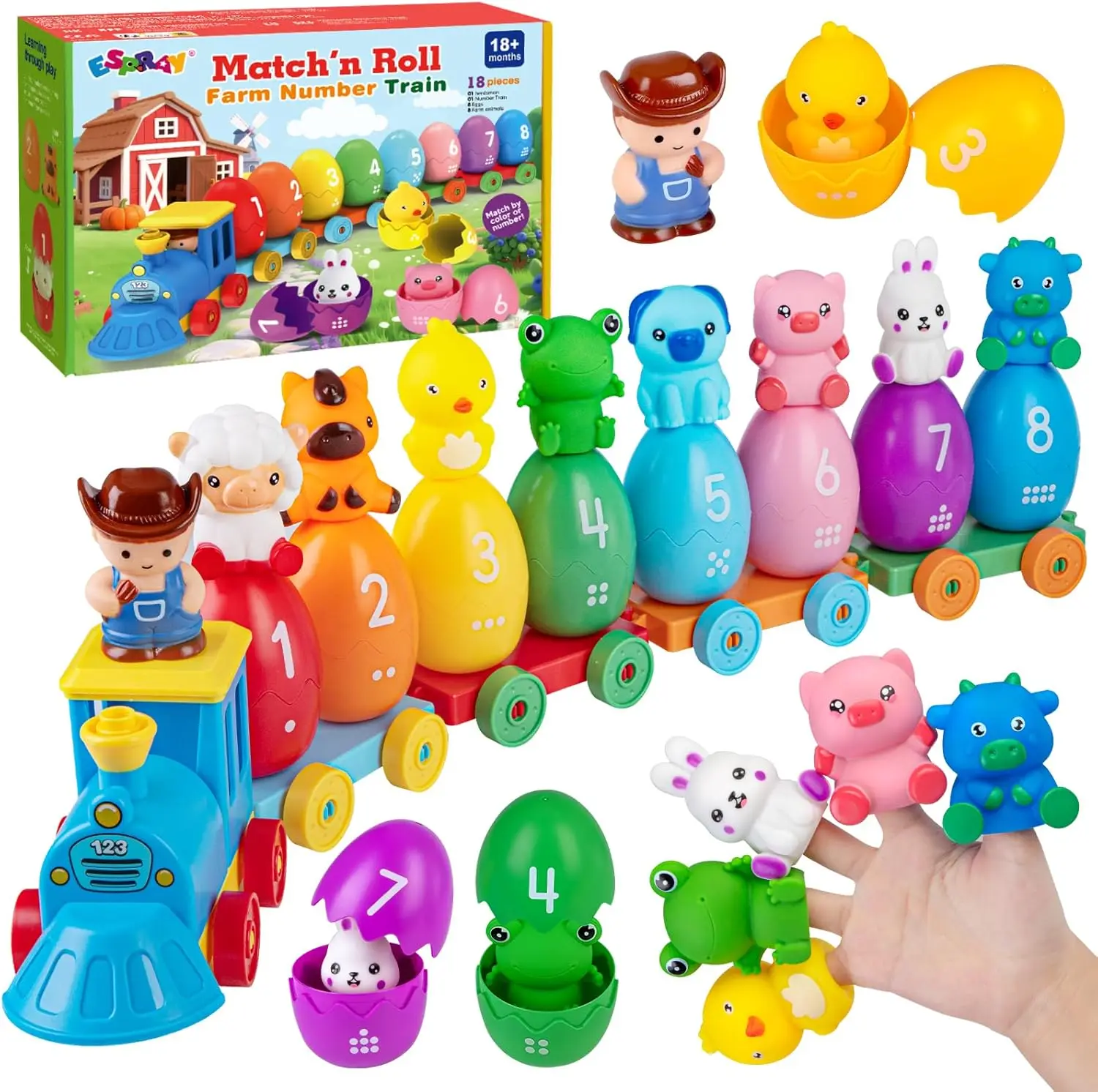 1歳、2歳、3歳向け幼児学習玩具、数合わせ＆分類モンテッソーリ農場列車セット（8匹の農場動物と1匹の農家フィギュア付き）