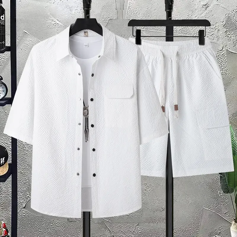 Conjunto de 2 piezas de manga corta para hombre, camisa holgada informal con cuello abotonado y pantalones cortos de playa, 2024