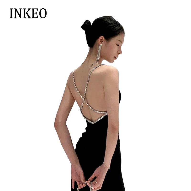 

Женское вечернее платье без рукавов со стразами, облегающее черное коллекция 2022, Сексуальные вечерние платья с открытой спиной, INKEO 2D140