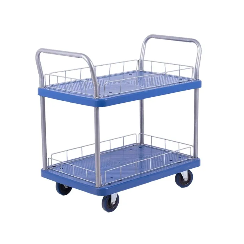 

Metal Decks, Dual Handles, for Warehouse, Supermarket Hotel Double - Tier Guardrail Cart