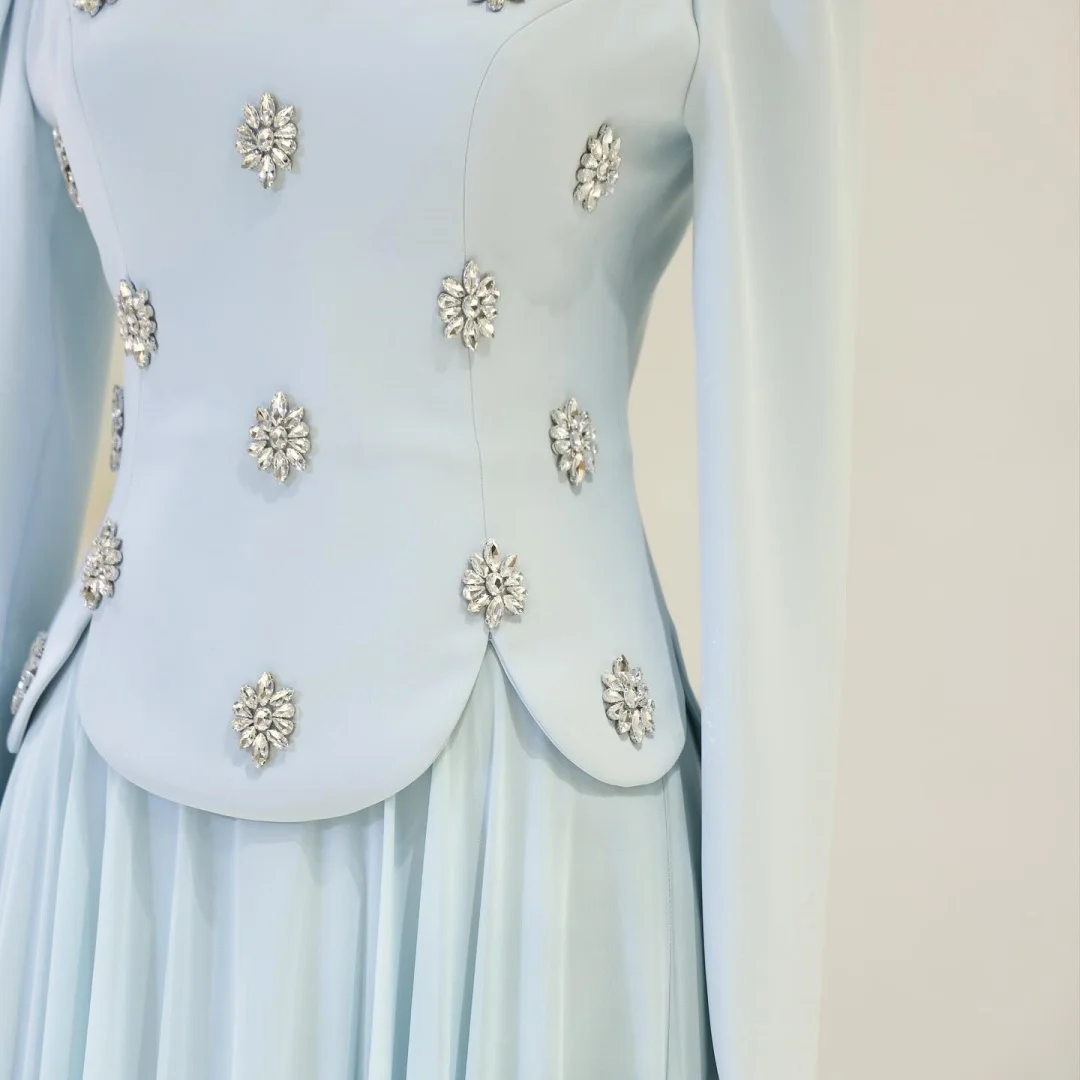 Bella op maat gemaakte lichtmunt hoge hals lange mouwen robes de soirée kralen decor geplooide rok feestjurken lange jurk stijlvol