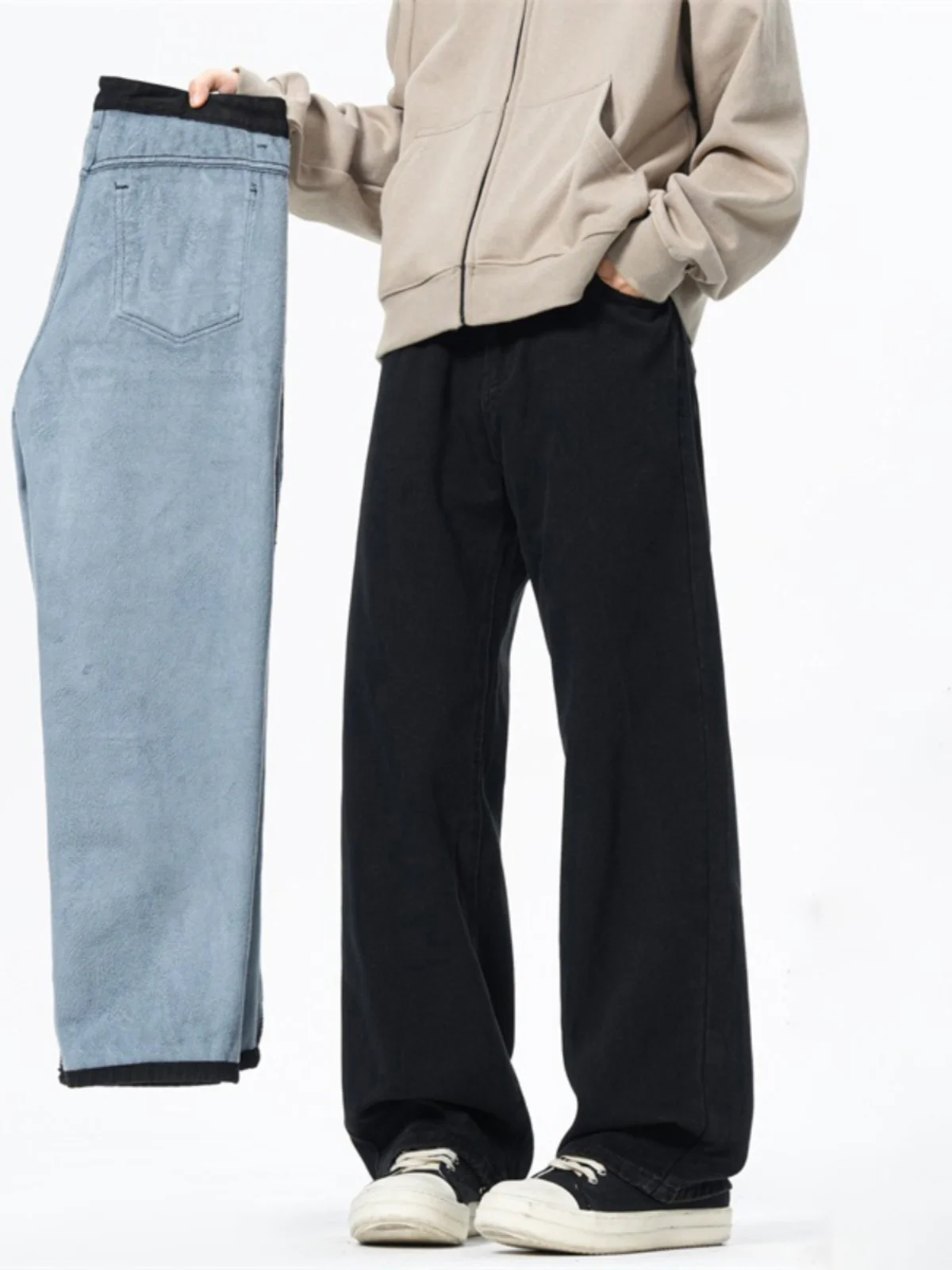

Winter Fce Lined Straight Leg Bla Jeans Men's Simple Haome High Waist Youth Wear Slimming Wide Leg Pants