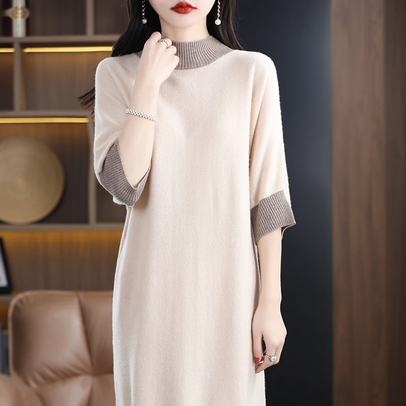 23 New women\'s 100% pure wool dress sweater long slim half high neck women\'s short sleeve pullover cashmere sweater summer