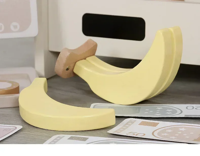 43cm High-Quality Playhouse Interactive Toy Wooden Simulated Fruit Stand with Banana Apple Pear and Cash Register Game Gift