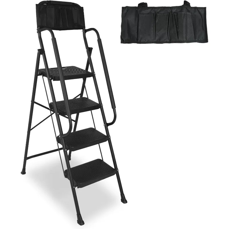 4 Step Ladder with Handrails & Attachable Tool Bag, 330 lbs Folding Step Stool Ladder, Wide Non-Slip PedalBlack